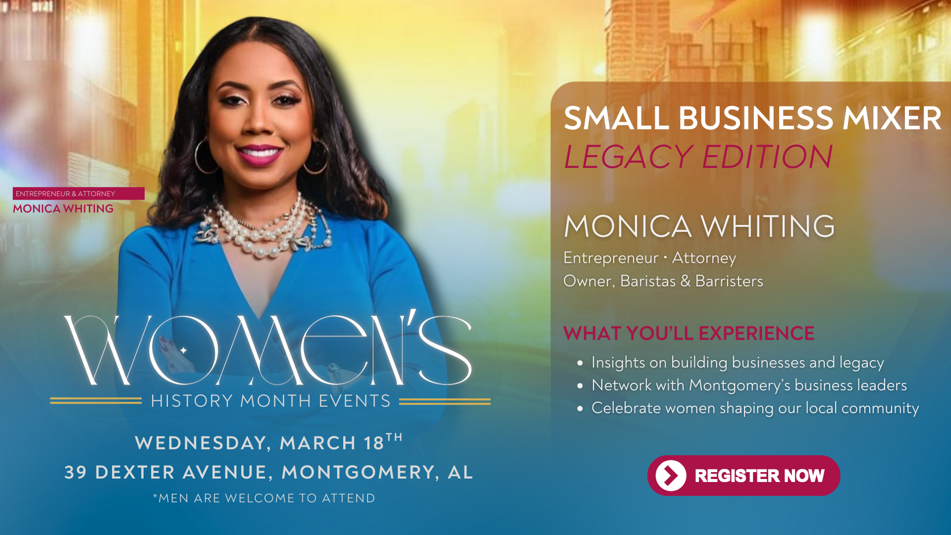 Celebrate Women’s History Month at the SBOSS Small Business Mixer featuring entrepreneur Monica Whiting and networking with Montgomery business leaders.