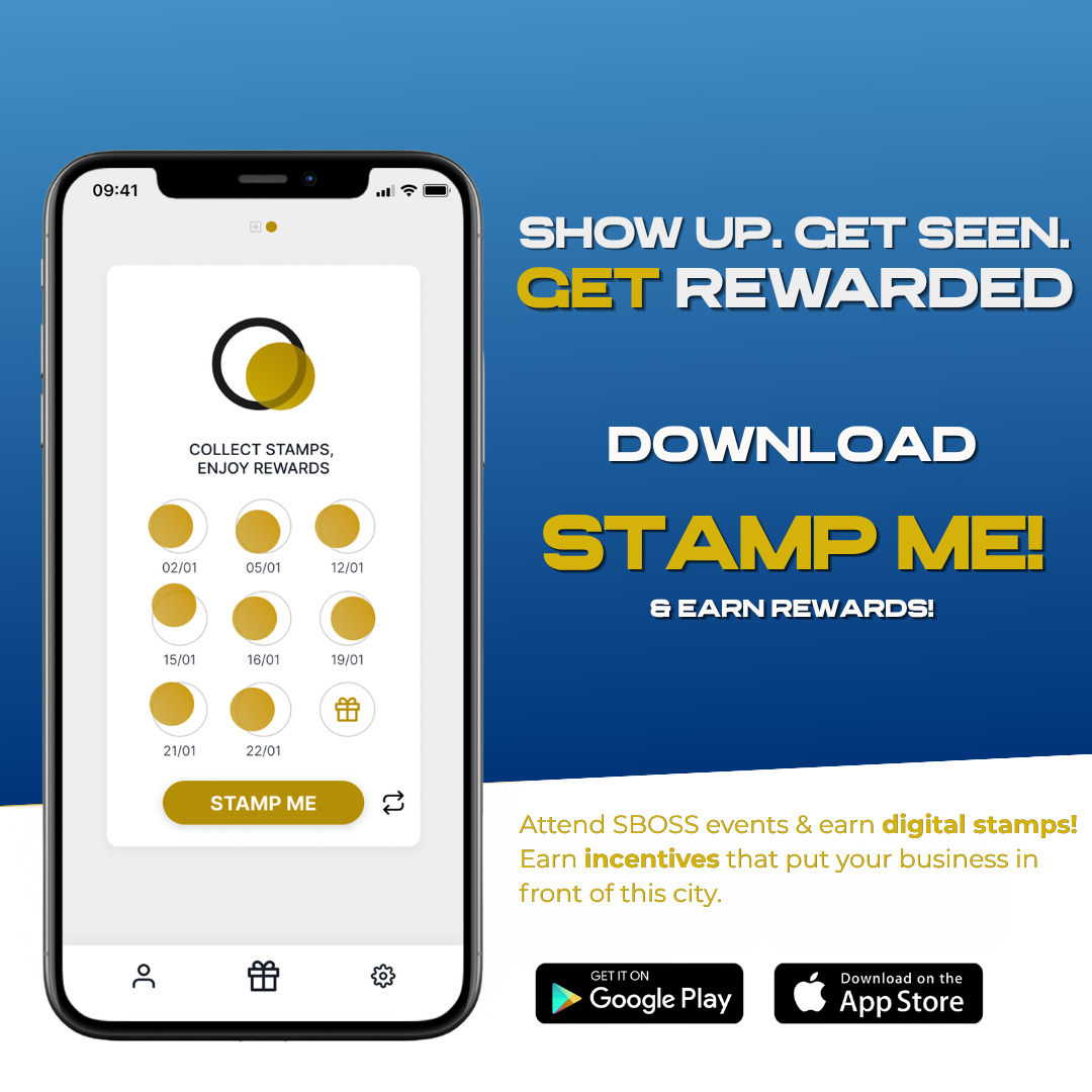 StampMe — Show Up. Get Seen. Get Rewarded. Download the app and earn digital stamps at SBOSS events.